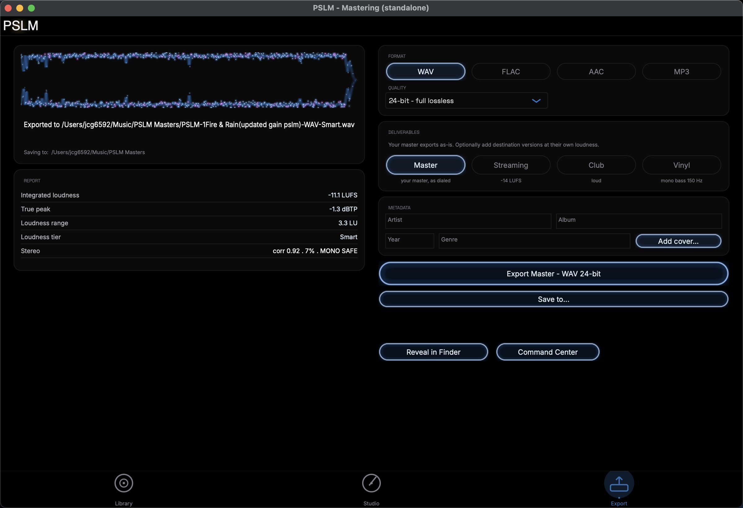 The PSLM export screen: WAV, FLAC, AAC and MP3 formats, 24-bit quality, deliverable targets, and a report showing integrated loudness, true peak, loudness range and stereo safety